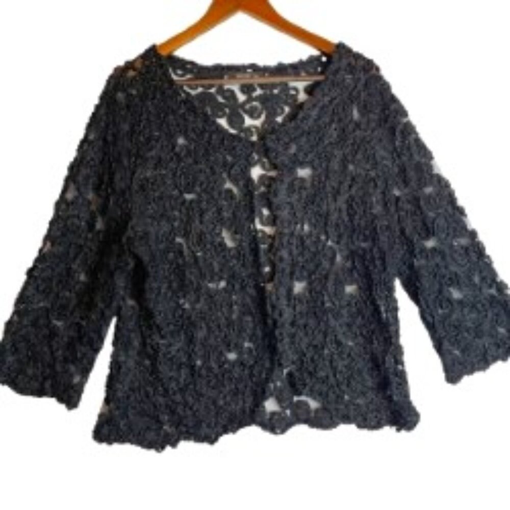 MODELIA WOMENS SHEER 3-D FLORAL DESIGN BLACK CARDIGAN 3/4 SLEEVE SIZE XL
